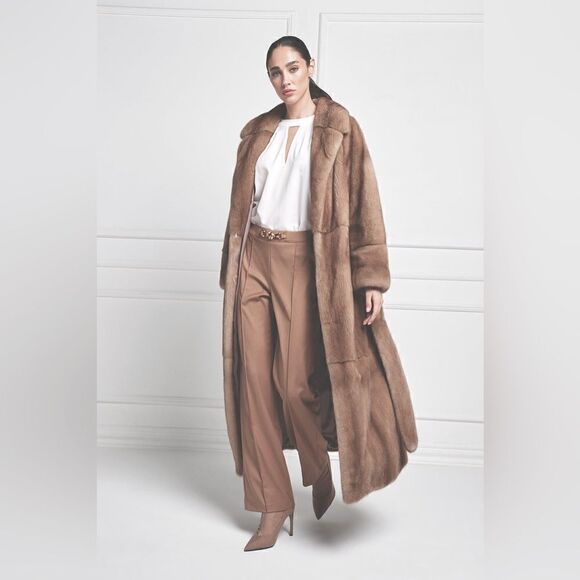 Massini * Pastel Brown Full Length Belted Vertical Mink Mob Wife Coat - Picture 5 of 16